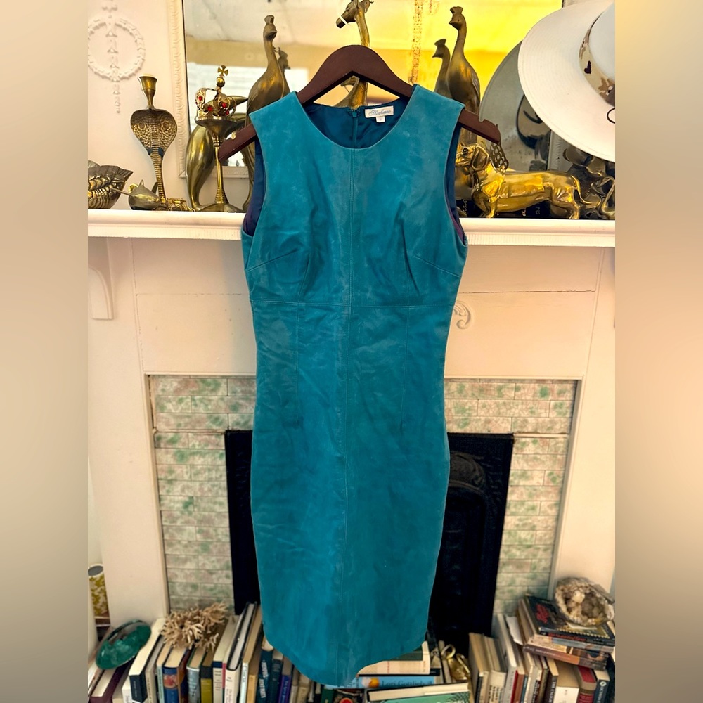 Super rad Vintage Shoshanna Peacock blue leather dress